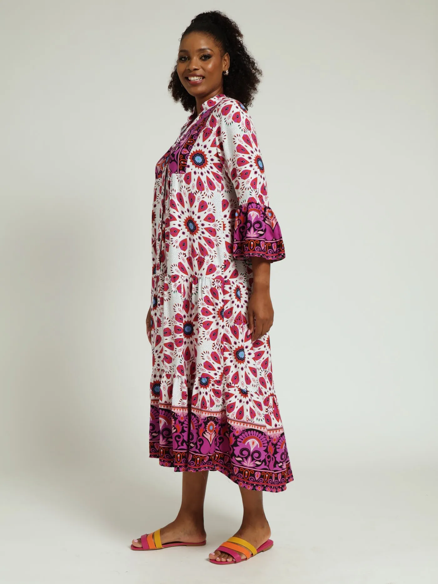 3/4 Sleeve Mosaic Floral Tent Maxi Dress With Border Print