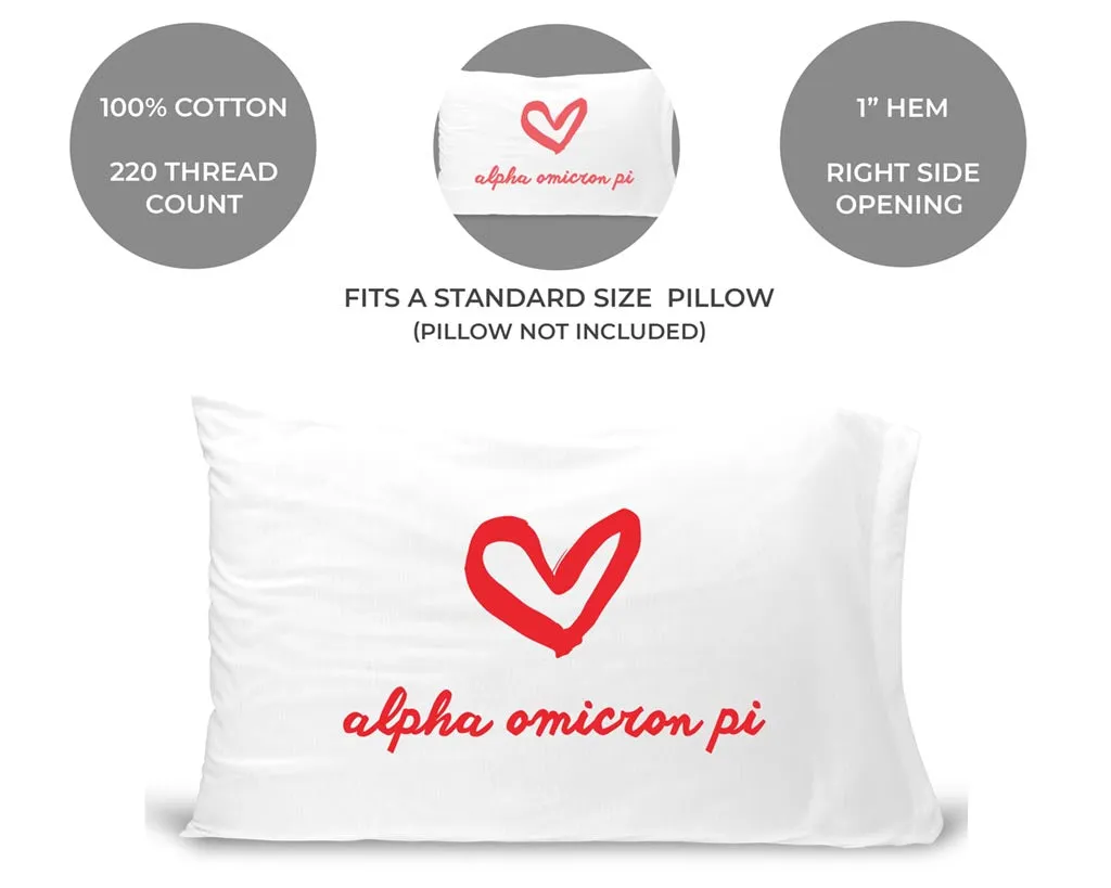 Alpha Omicron Pi Sorority Name with Heart Design on Printed Pillowcase