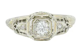 Art Deco 0.40 CTW Diamond 18 Karat White Gold Cushion Engagement Ring