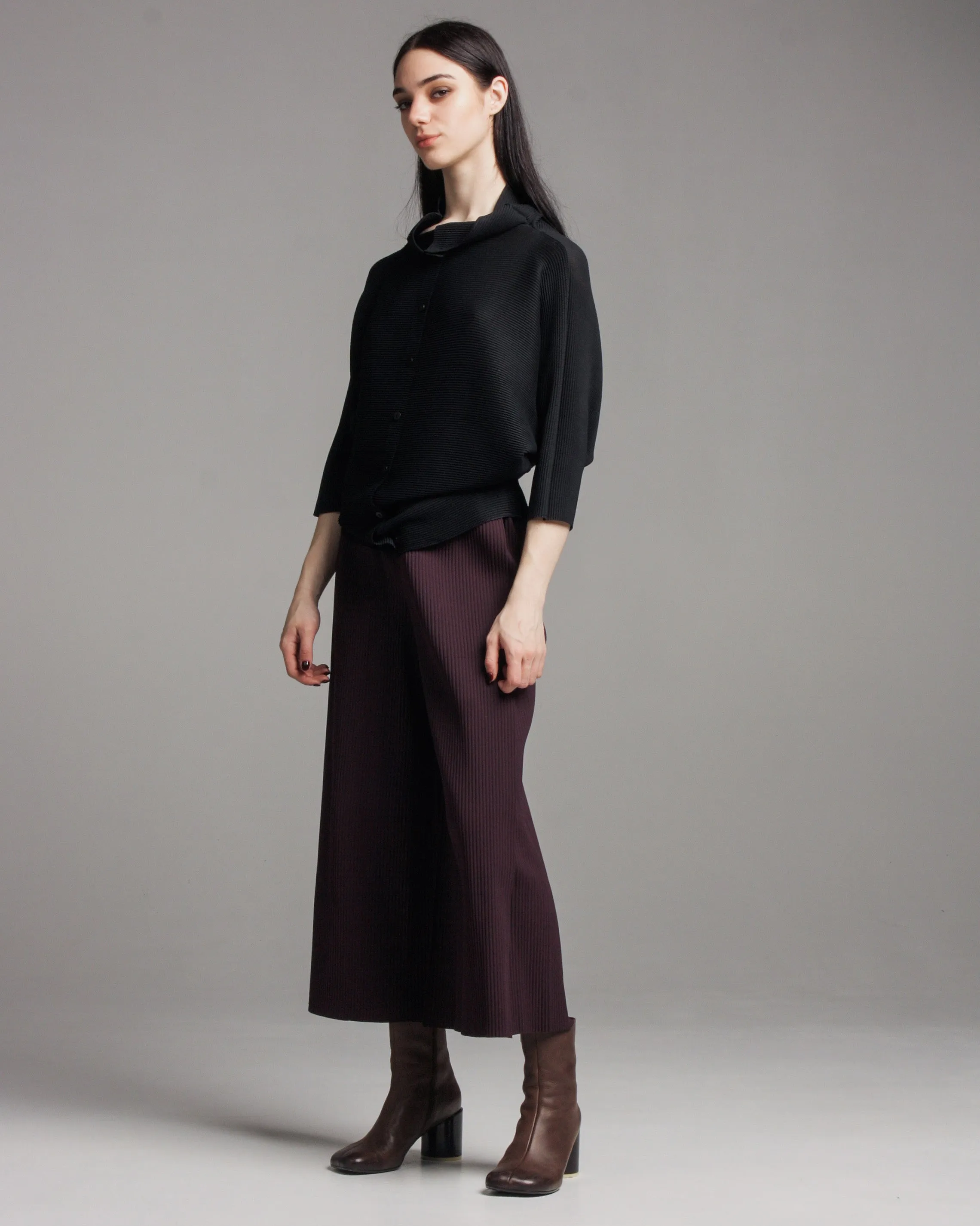 Aubergine Fine Knit Wide Leg Pleated Pants