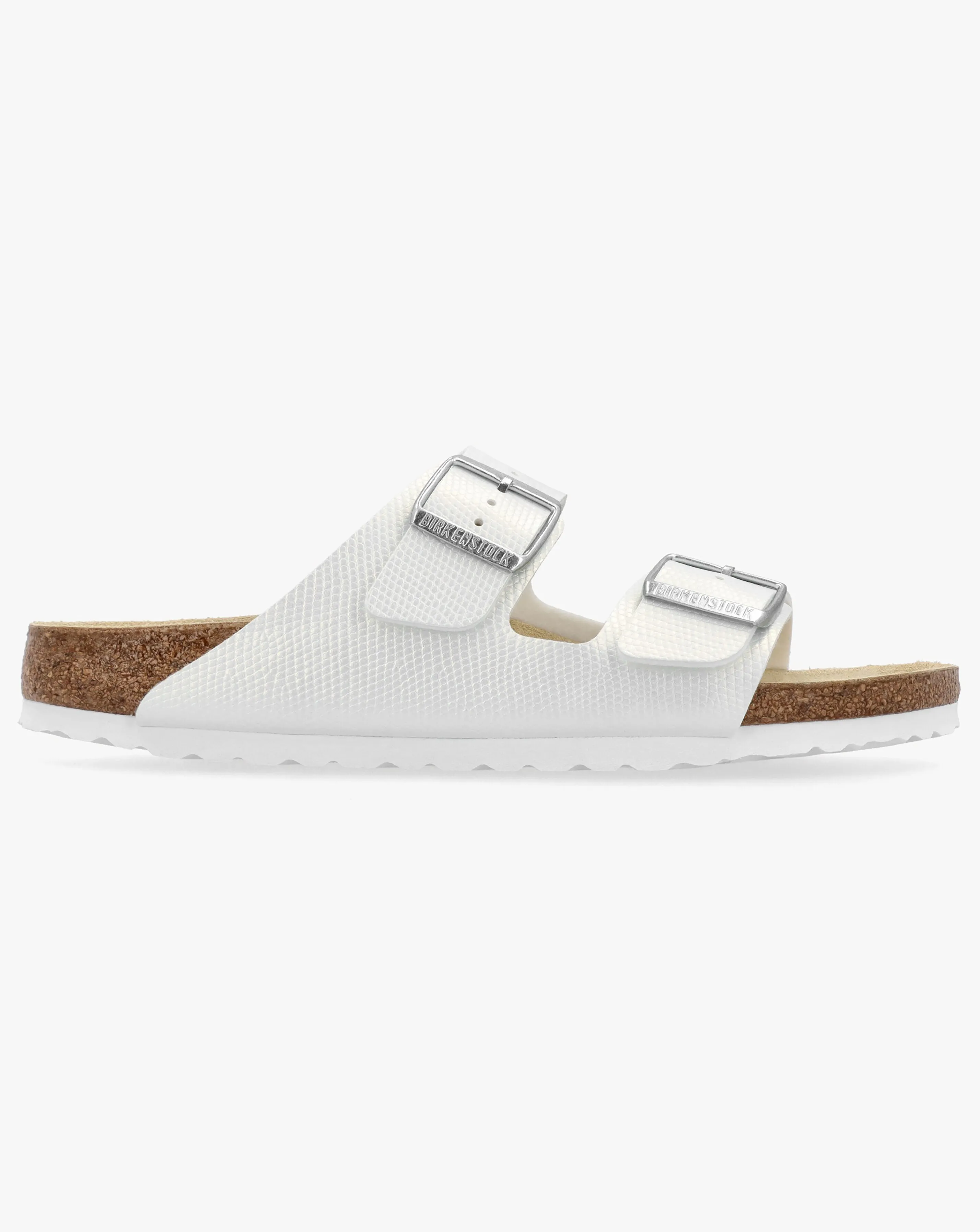 Birkenstock Arizona Birko-Flor Shiny Lizard White Two Bar Mules Narrow Width | Simply Be