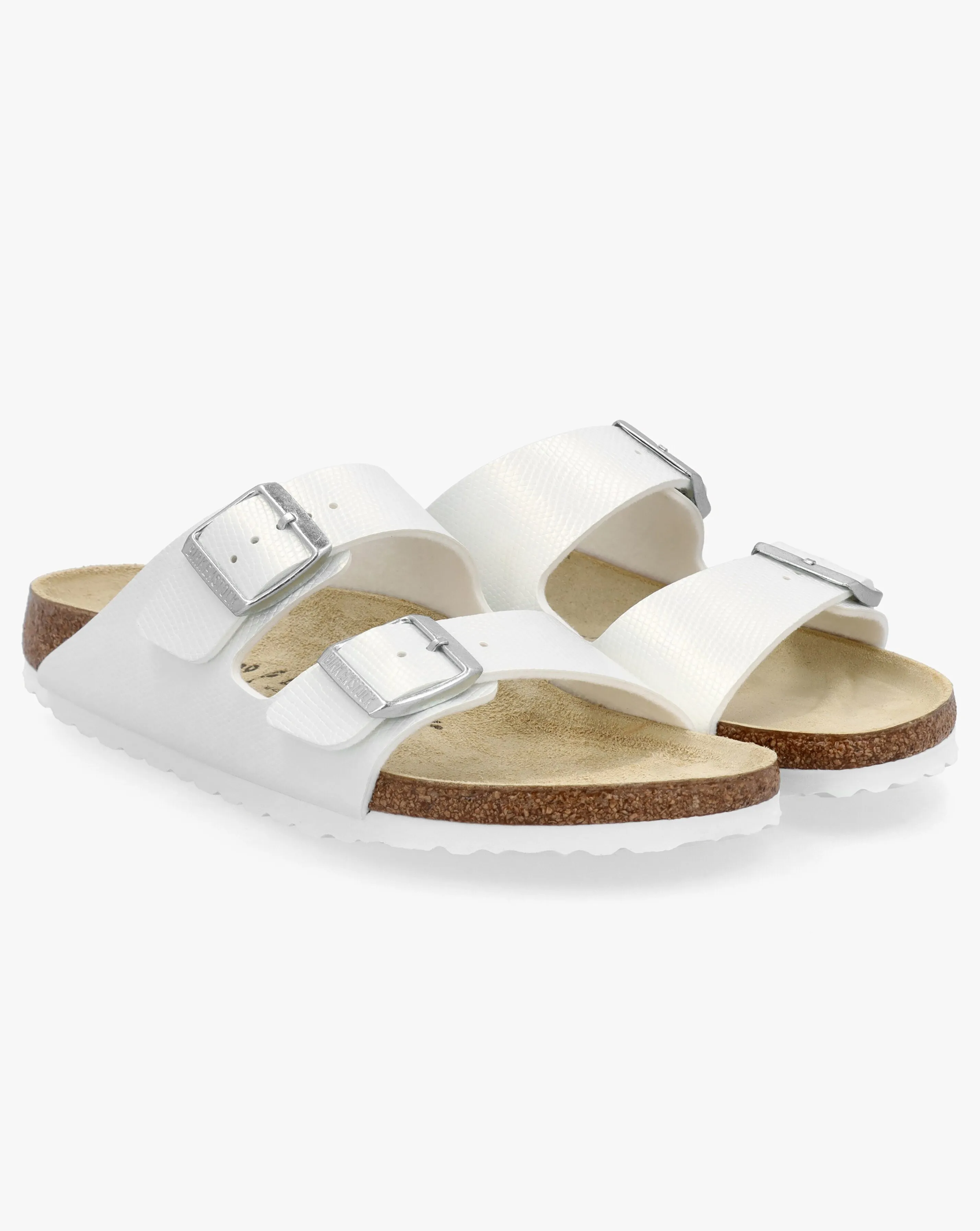 Birkenstock Arizona Birko-Flor Shiny Lizard White Two Bar Mules Narrow Width | Simply Be