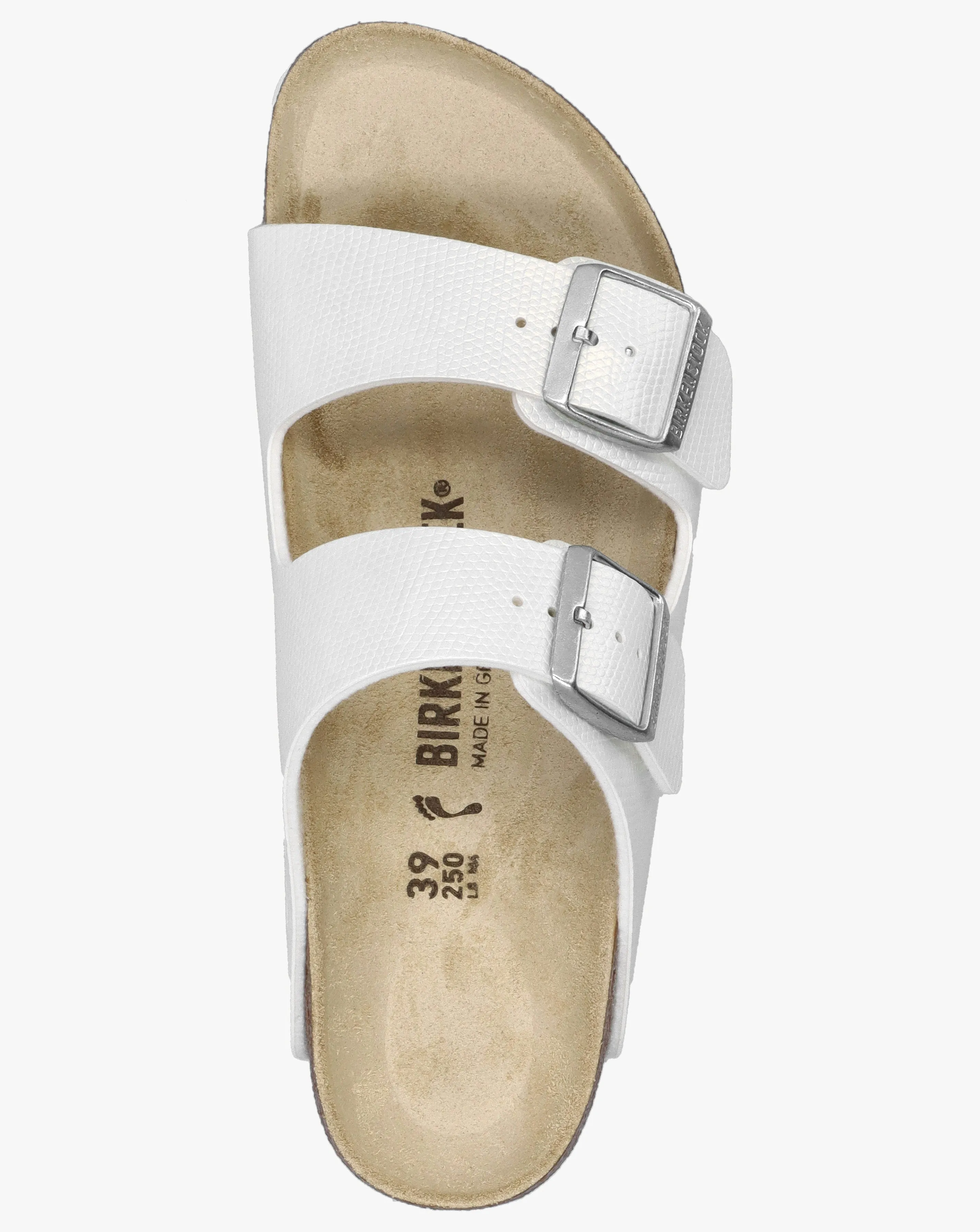 Birkenstock Arizona Birko-Flor Shiny Lizard White Two Bar Mules Narrow Width | Simply Be