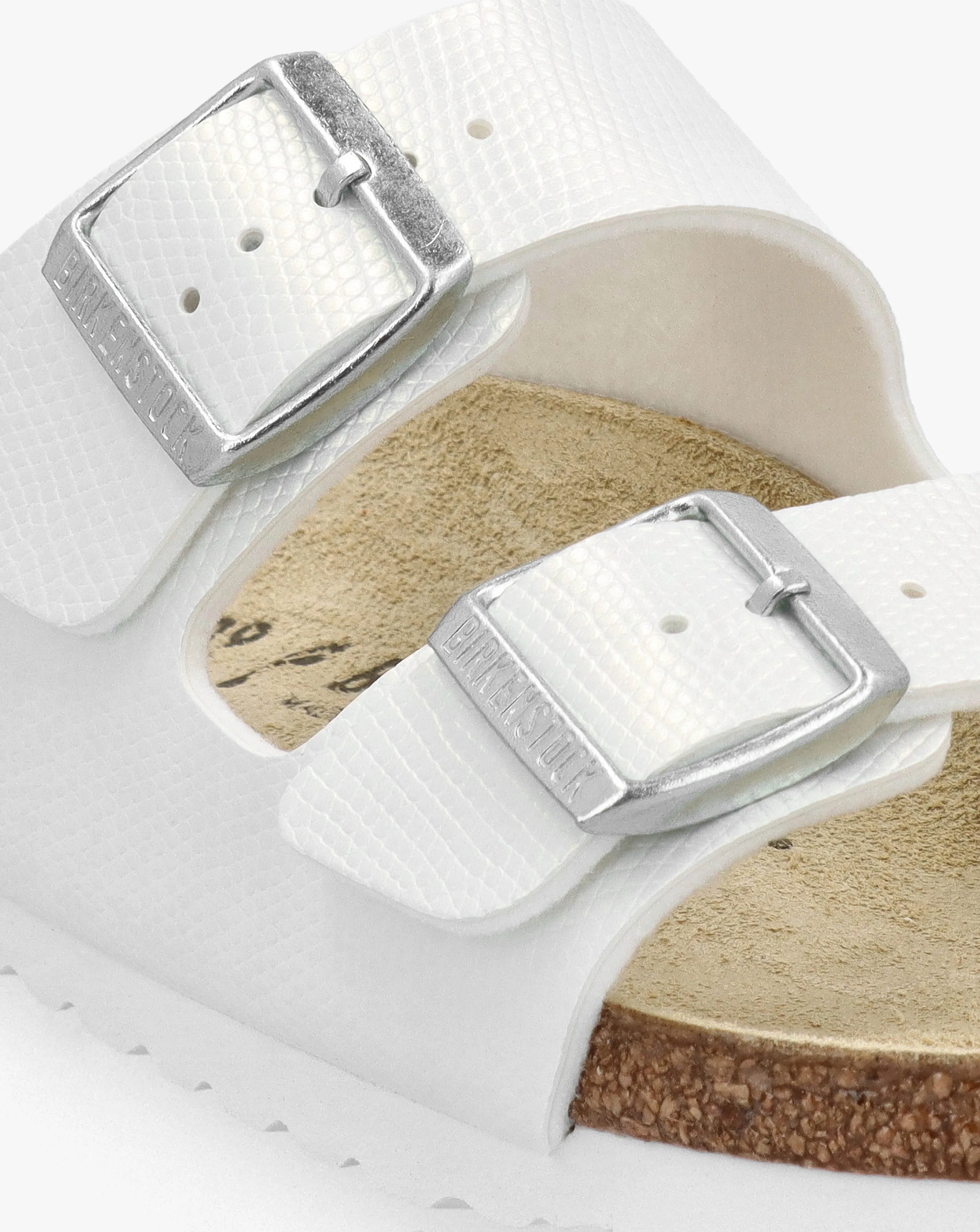 Birkenstock Arizona Birko-Flor Shiny Lizard White Two Bar Mules Narrow Width | Simply Be