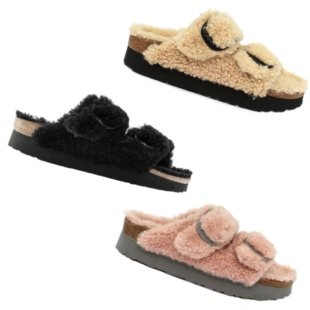 Birkenstock Papillio Arizona Big Buckle Teddy Shearling Plateau Sandals Slides Mules