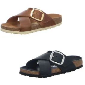 Birkenstock Siena Big Buckle Cognac Black Leather Cross Slides Sandals Mules New