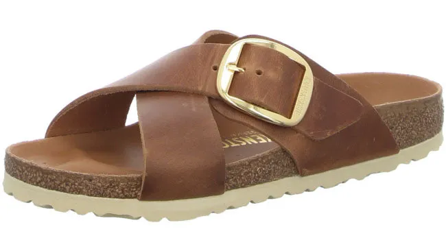 Birkenstock Siena Big Buckle Cognac Black Leather Cross Slides Sandals Mules New