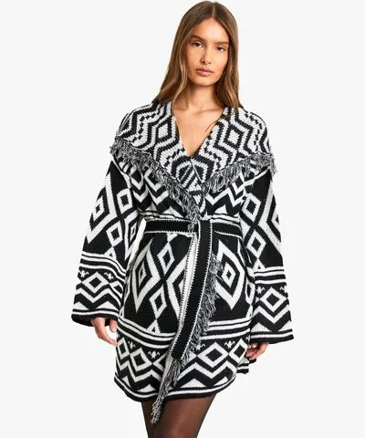 boohoo Womens Knitted Aztec Longline Belted Cardigan