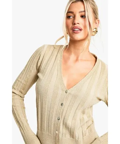 boohoo Womens Metallic Gold Thick Rib Knitted Cardigan