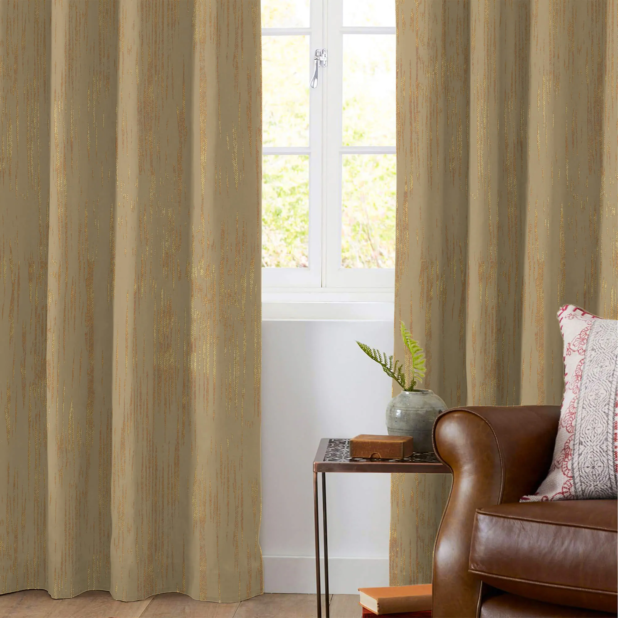 Camel Brown Textured Golden Foil Premium Curtain Fabric (Width 54 Inches)