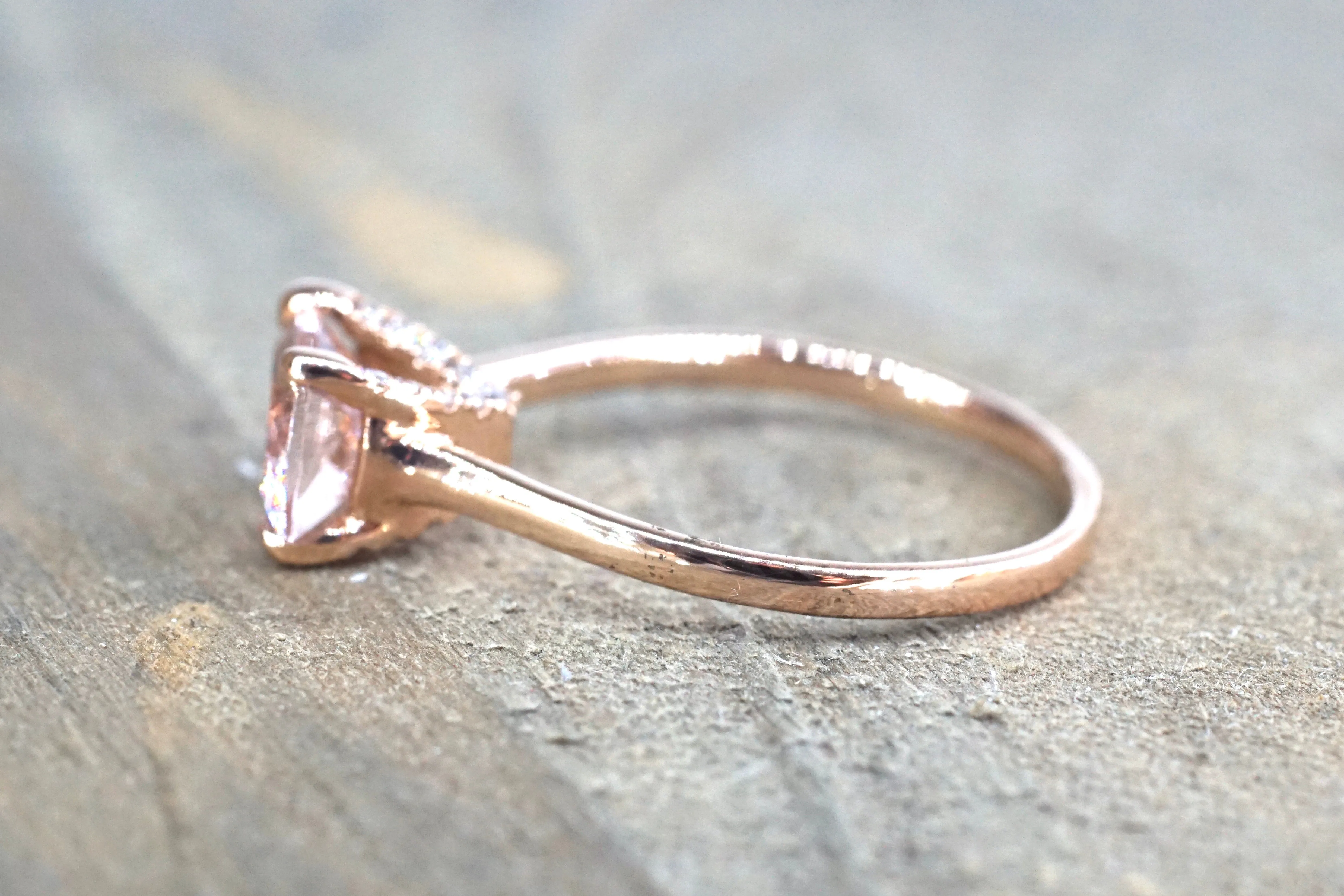 East West Cushion Morganite and Diamond Ring