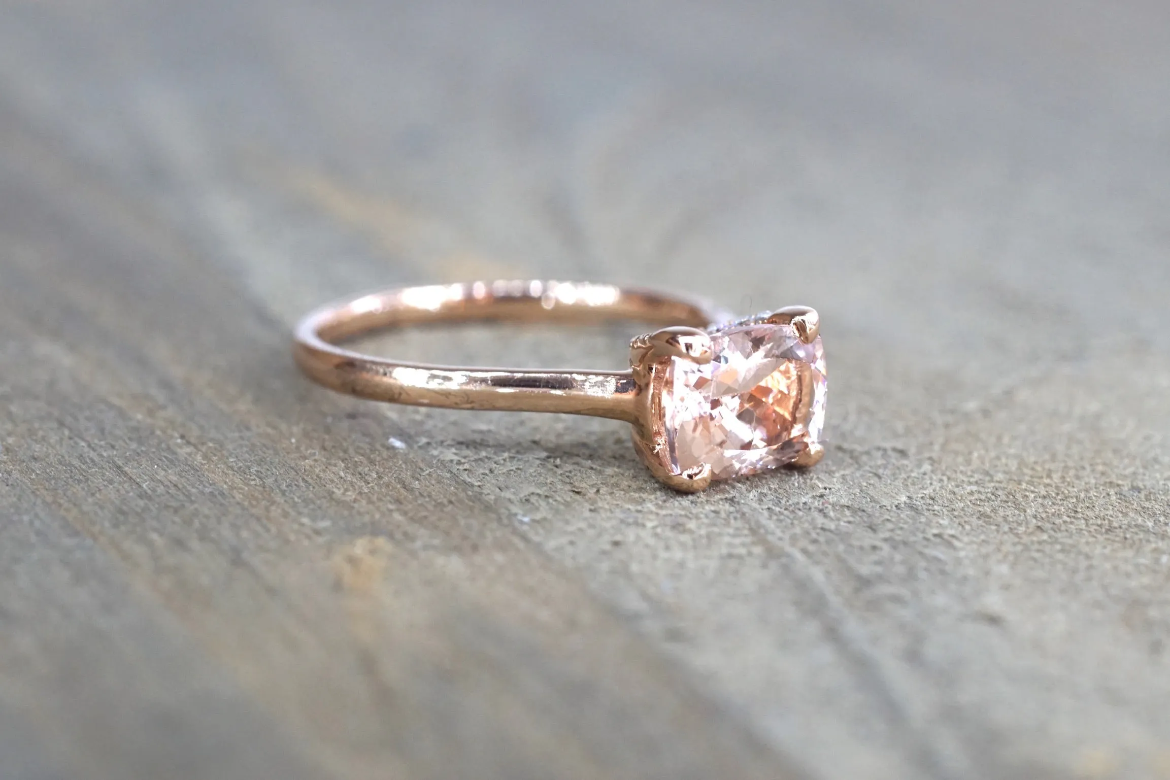 East West Cushion Morganite and Diamond Ring