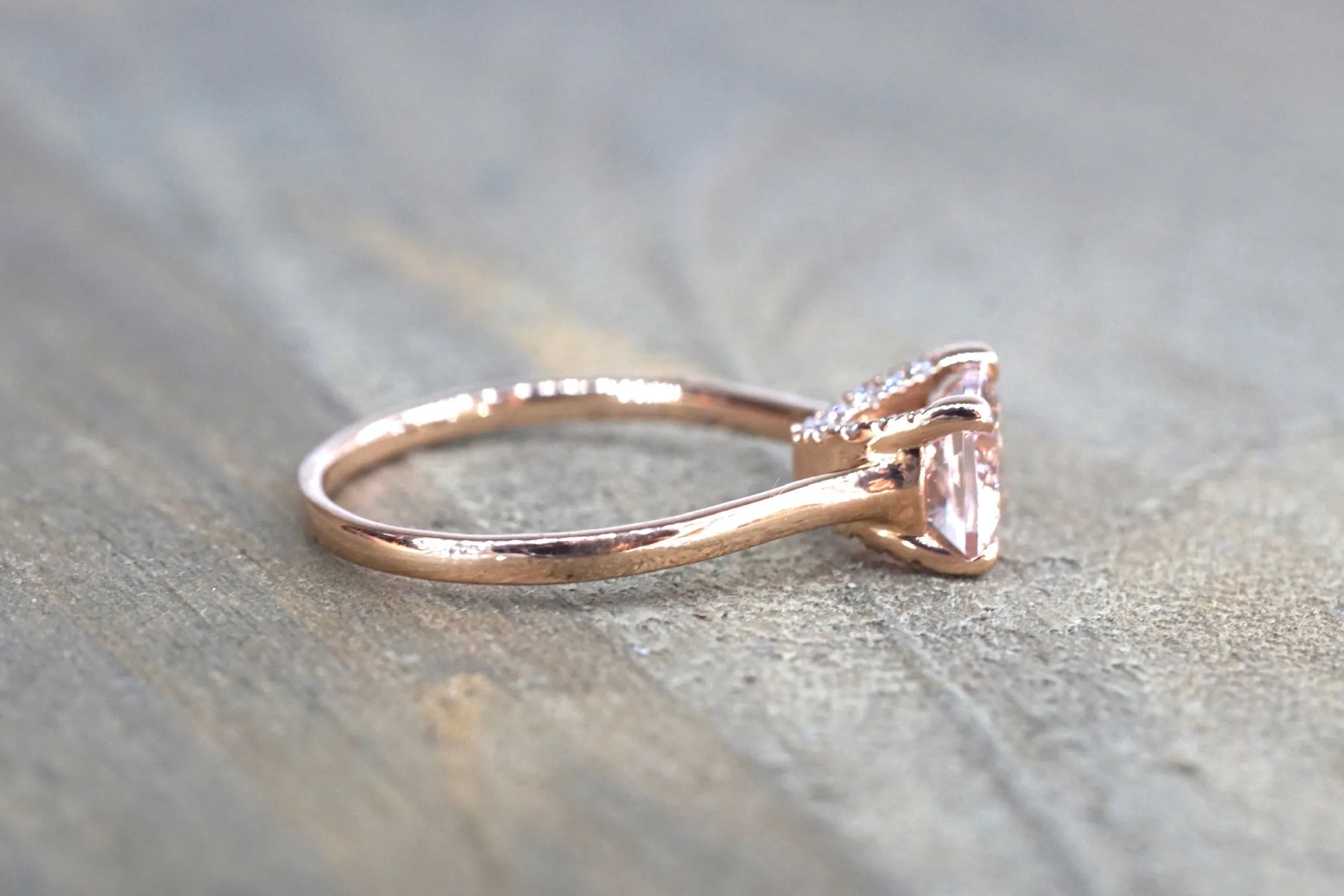 East West Cushion Morganite and Diamond Ring