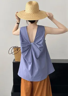 French Purple O Neck Bow Cotton Top Sleeveless