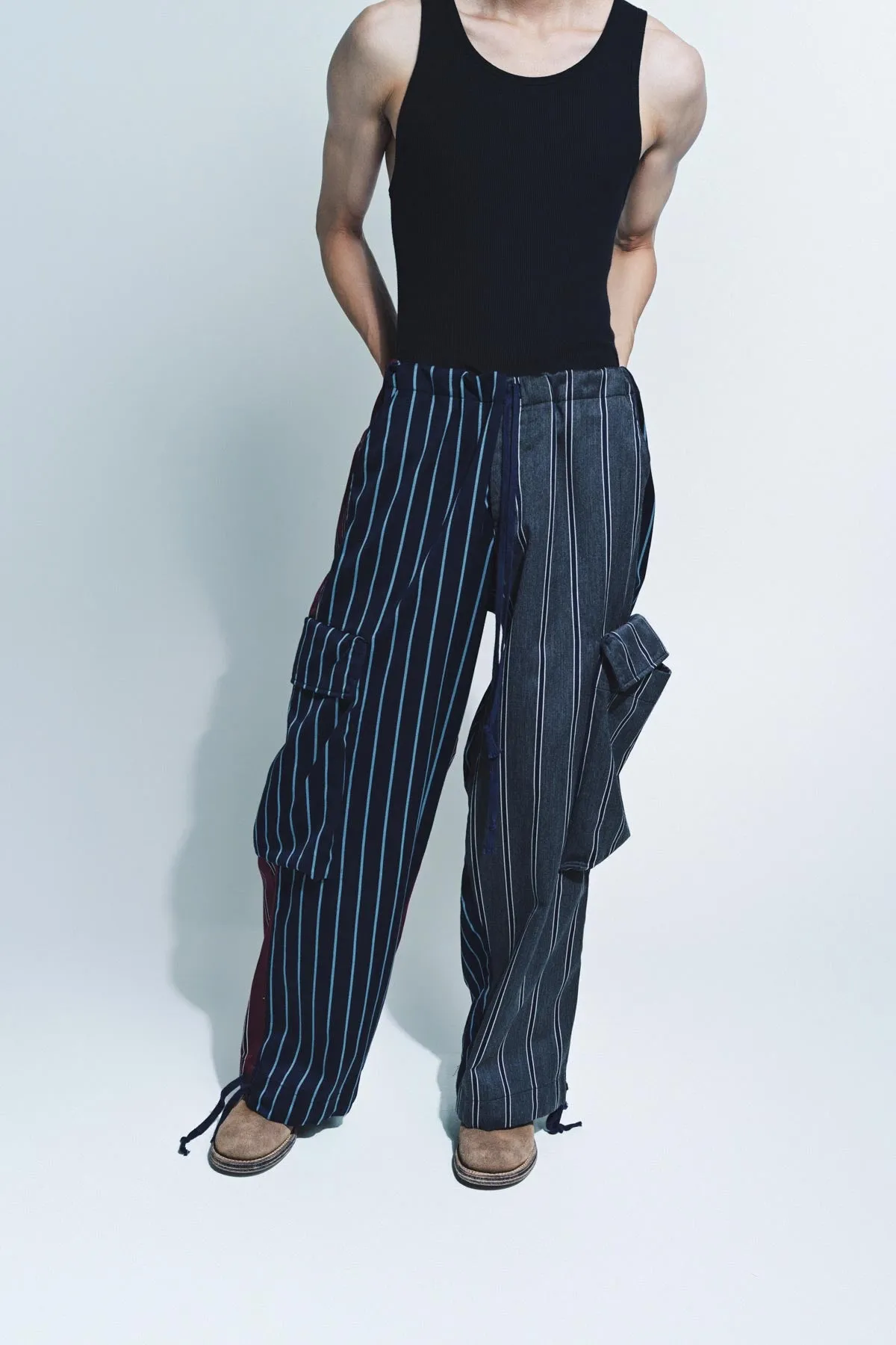 GREG LAUREN | MIXED PREP STRIPE WIDE LEG PANTS