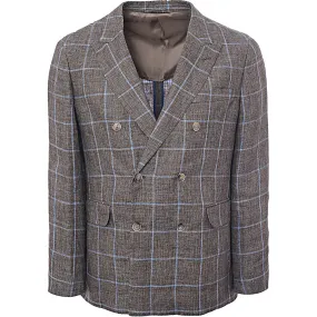 Hackett London Linen Windowpane Double Breasted Jacket in Brown/Blue