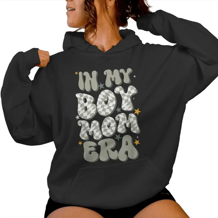 In My Boy Mom Era With Checkered Pattern Groovy Mom Of Boys Women Hoodie