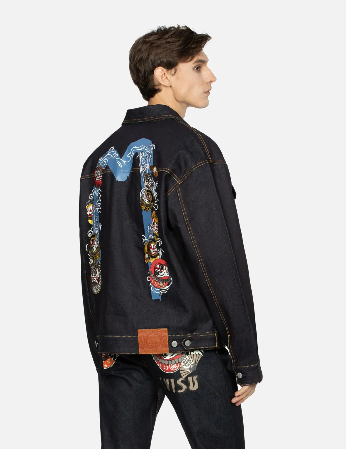 Kumadori Daruma Daicock Print and Embroidery Loose Fit Denim Jacket