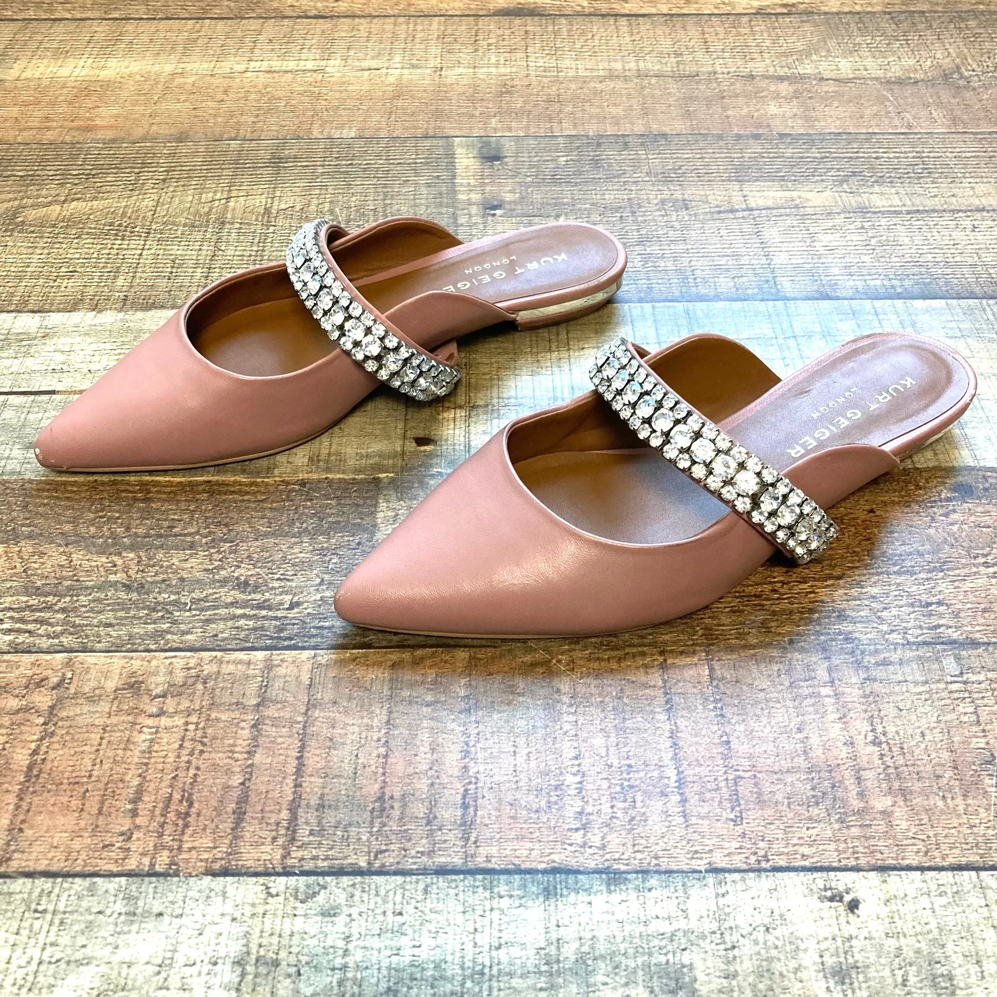 KURT GEIGER CAMEL LEATHER EMBELISHED RHINESTONE STRAP MULES- SIZE 39 (SEE NOTES,  ONLINE)