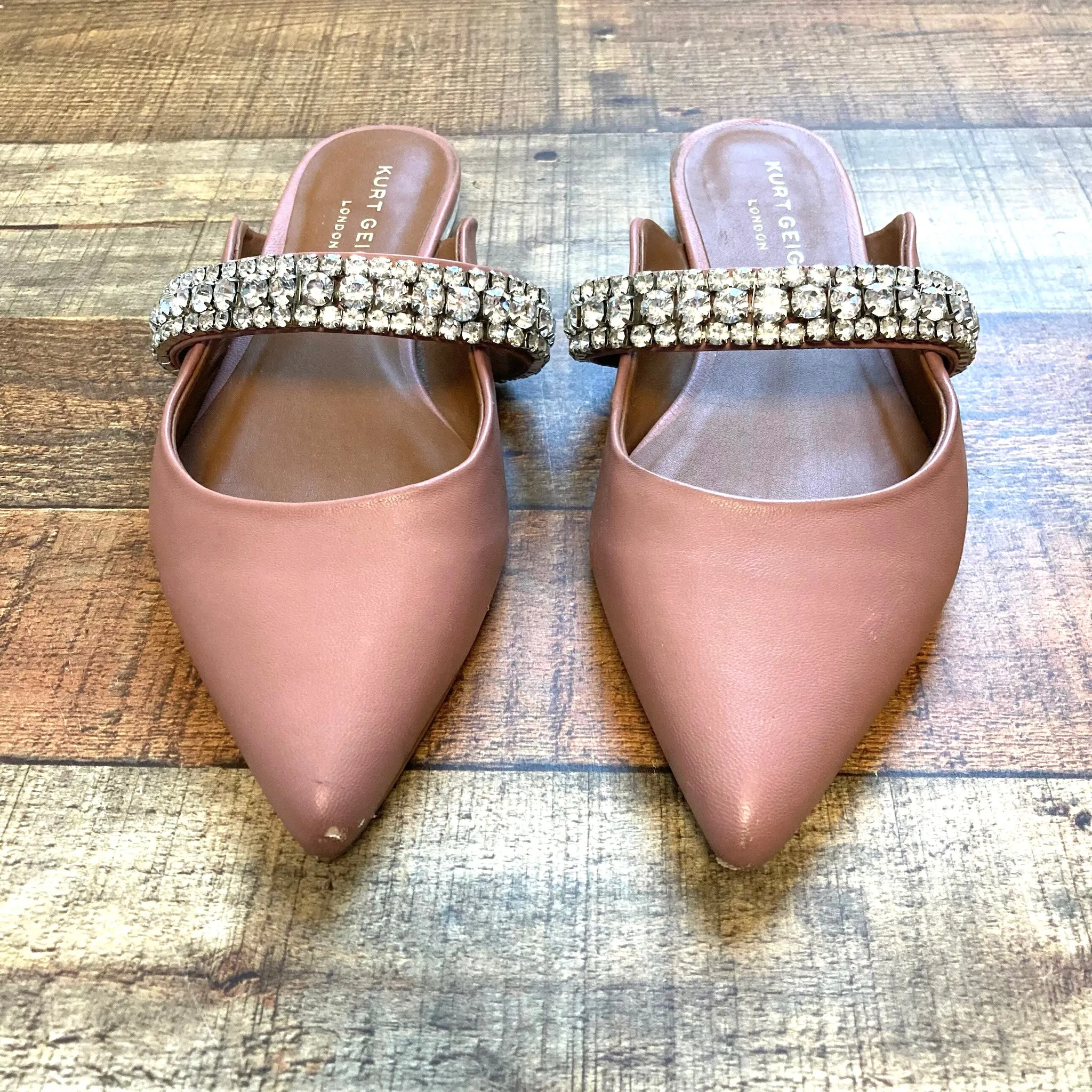 KURT GEIGER CAMEL LEATHER EMBELISHED RHINESTONE STRAP MULES- SIZE 39 (SEE NOTES,  ONLINE)