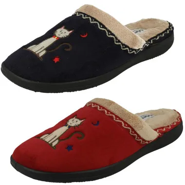 Ladies Padders Wide Fit Cat Design Slipper Mules Tabby