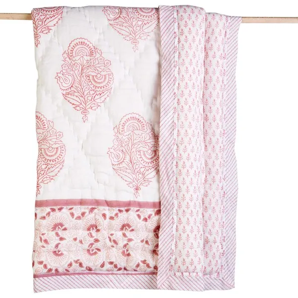 Malabar Baby Block-Printed Cotton Crib Quilt, Pink City