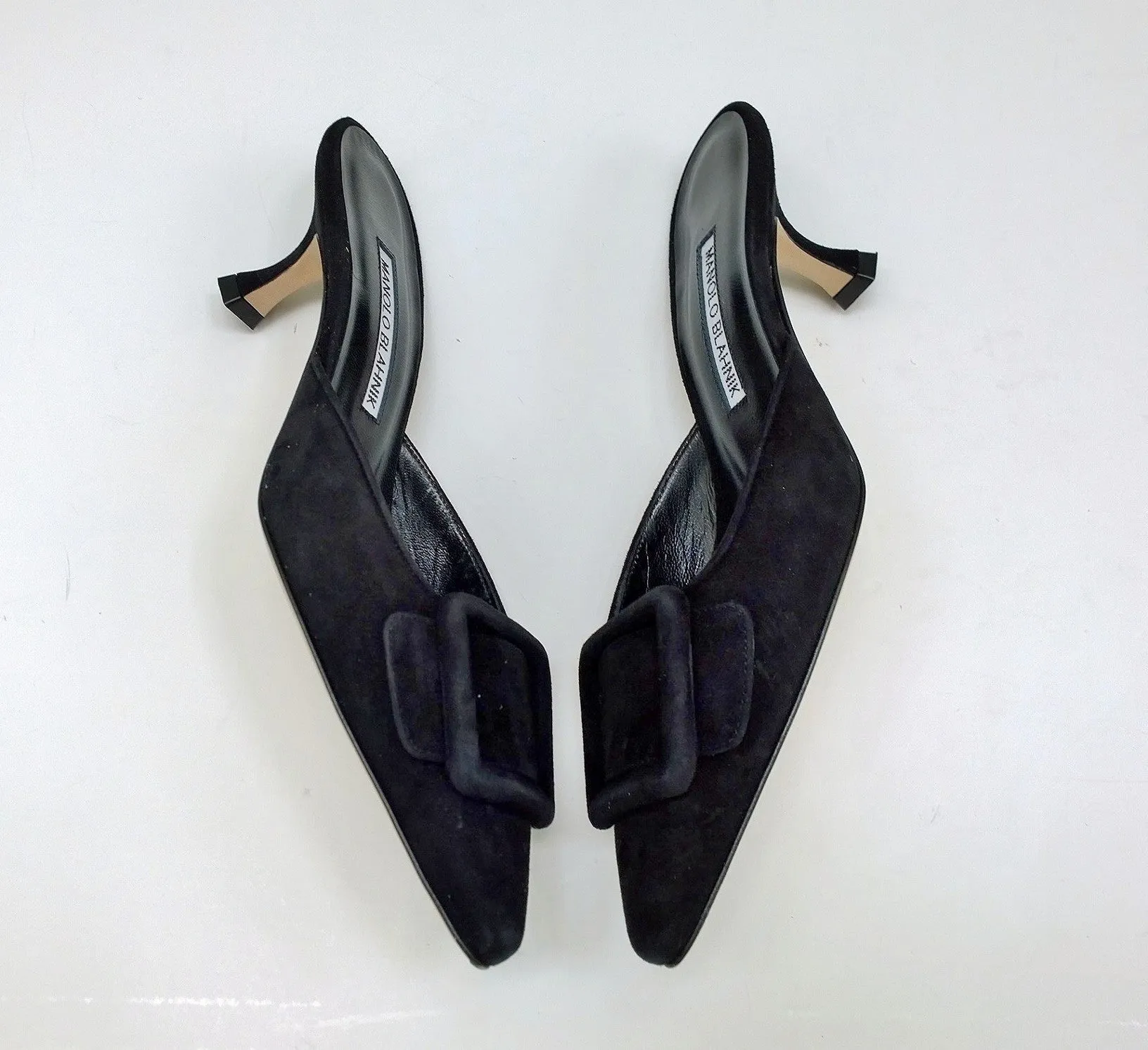 Manolo Blahnik Maysale 50 Black Suede Square Buckle Mules New Heels