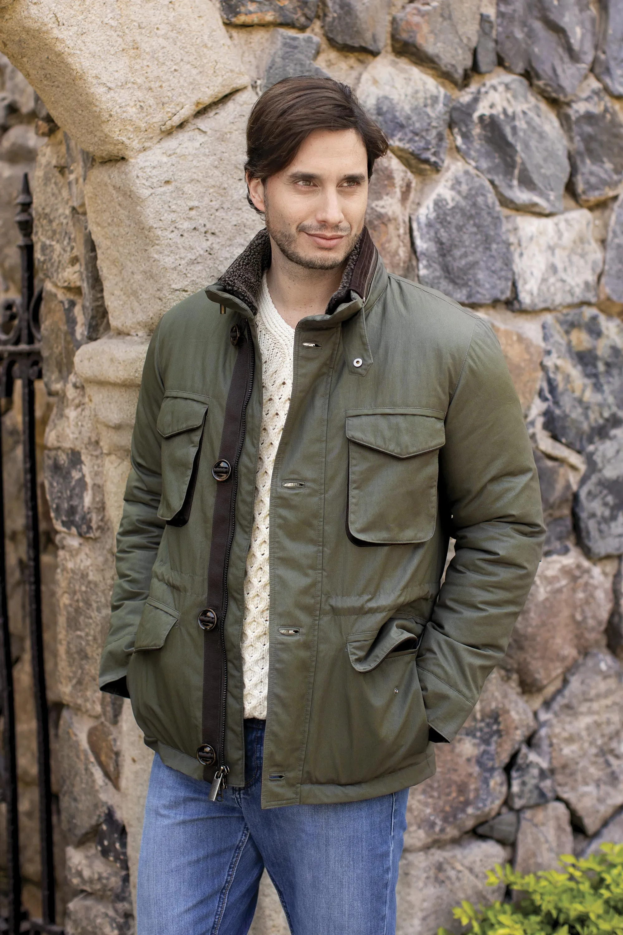 Men's M-65 Faux Shearling Collar Jacket in Olive, 