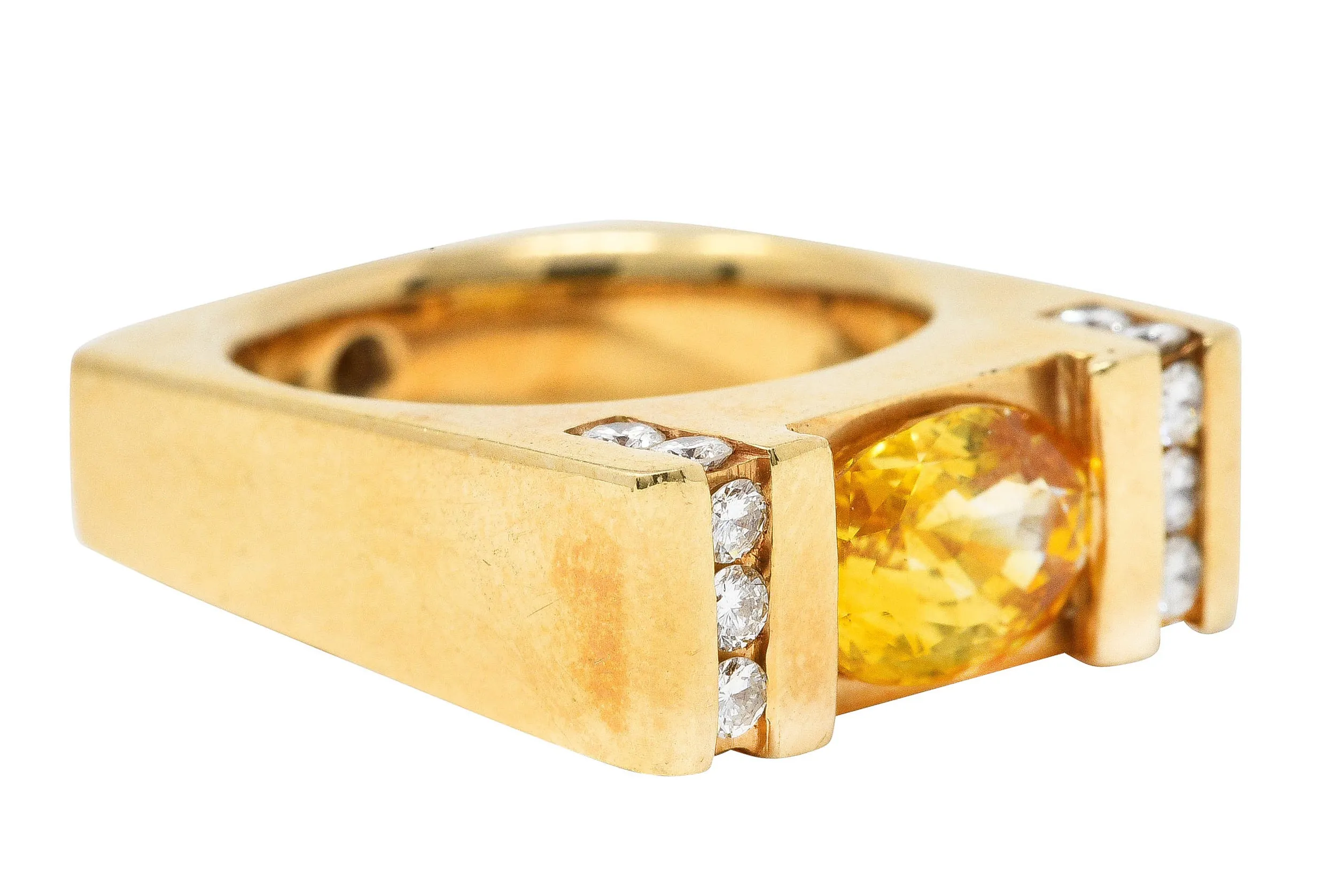 Modern 3.45 CTW Yellow Sapphire Diamond 14 Karat Gold Cushion Band Ring