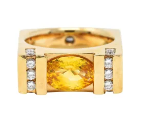 Modern 3.45 CTW Yellow Sapphire Diamond 14 Karat Gold Cushion Band Ring