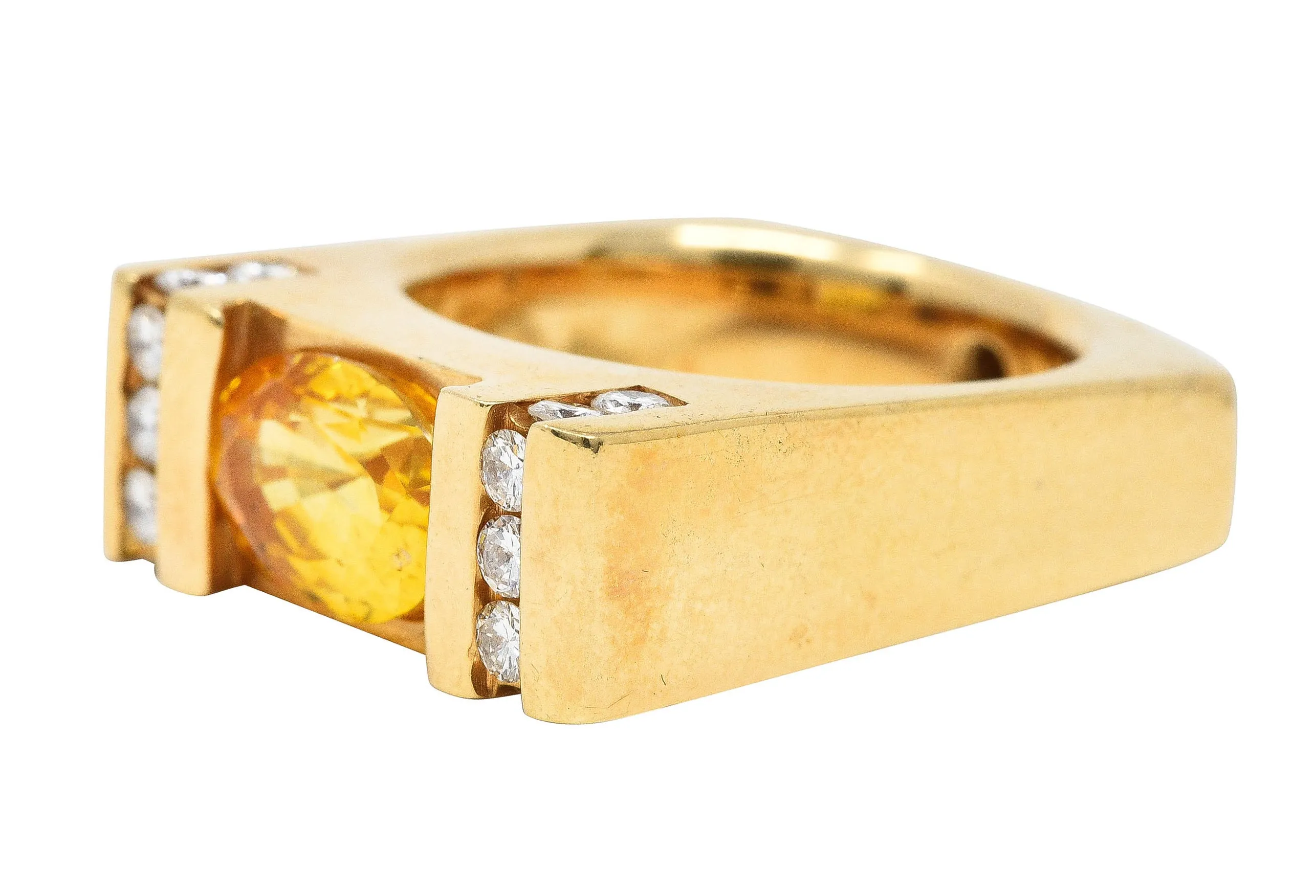 Modern 3.45 CTW Yellow Sapphire Diamond 14 Karat Gold Cushion Band Ring