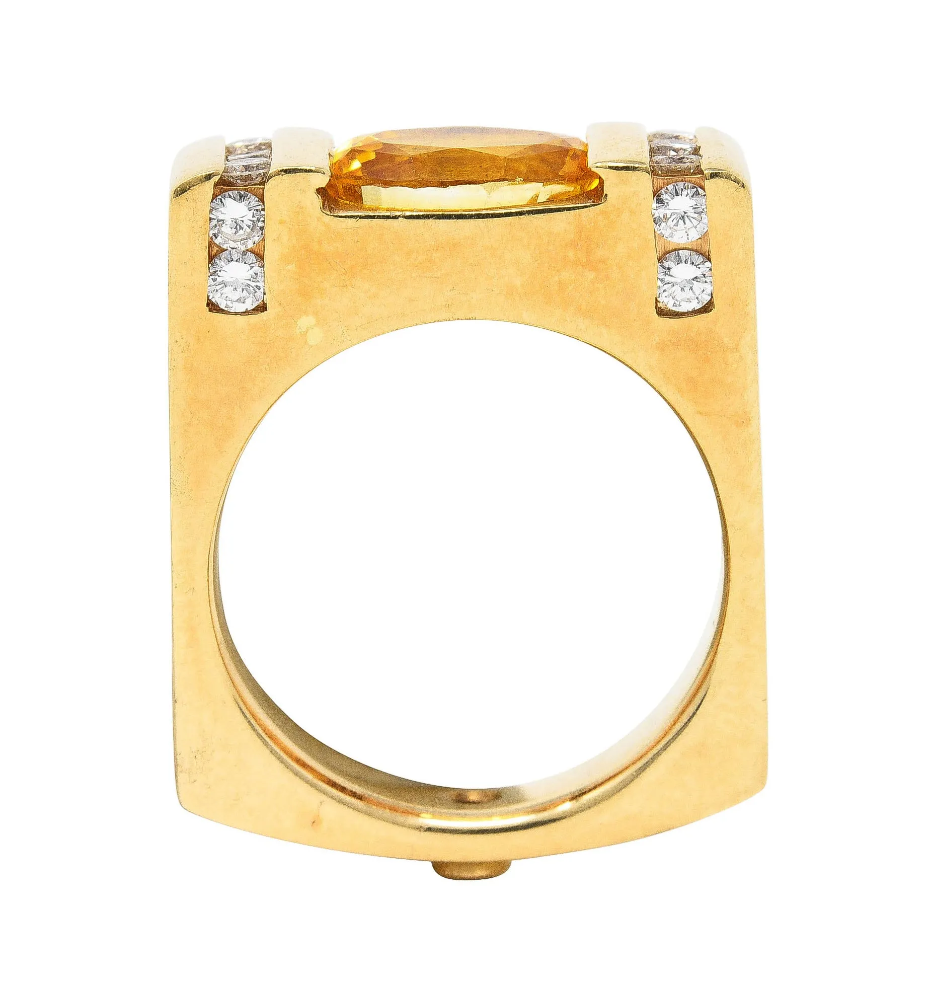 Modern 3.45 CTW Yellow Sapphire Diamond 14 Karat Gold Cushion Band Ring