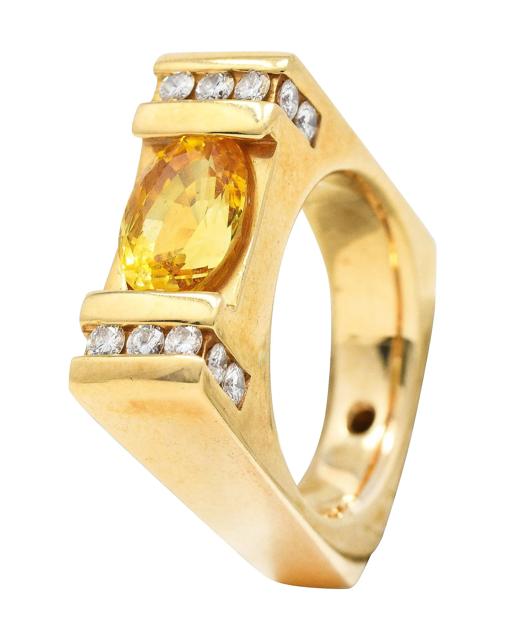 Modern 3.45 CTW Yellow Sapphire Diamond 14 Karat Gold Cushion Band Ring