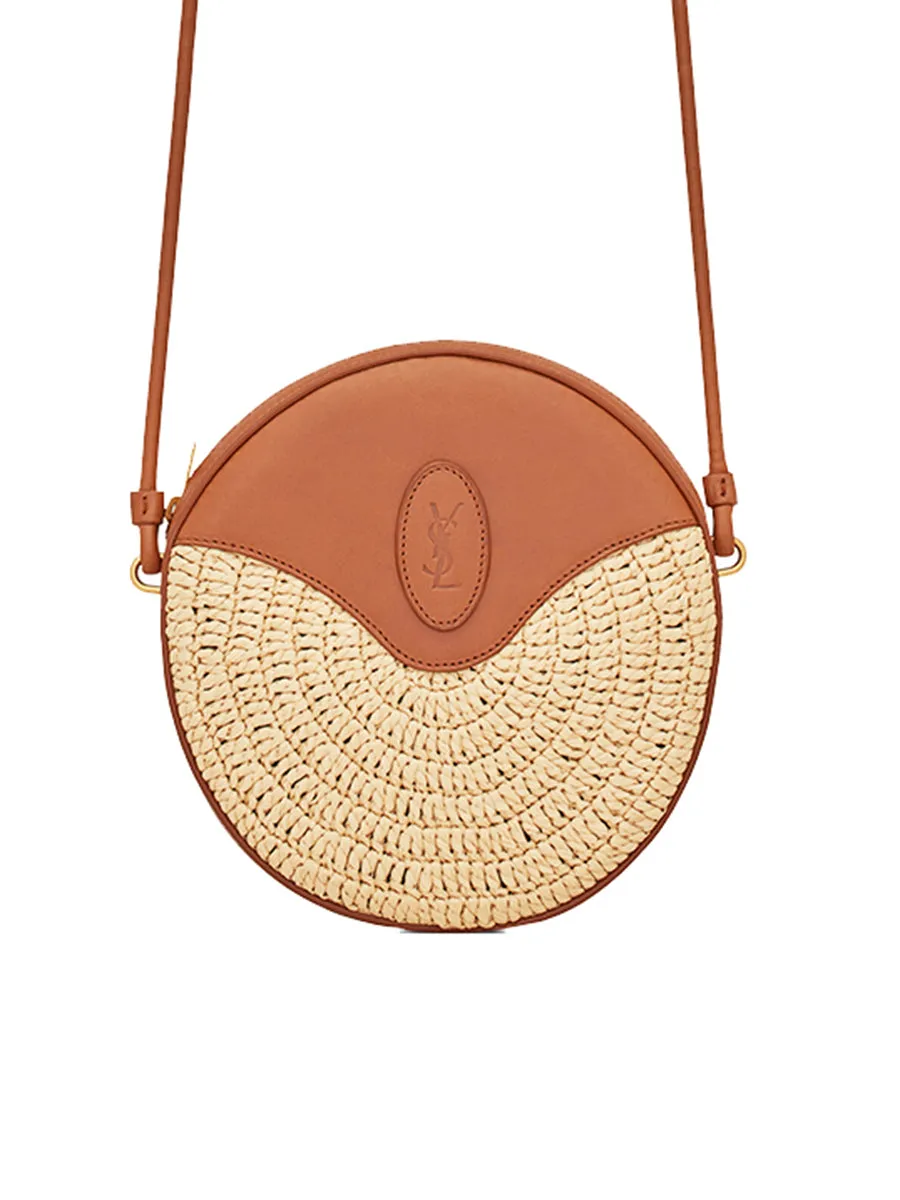 Monogram Round Camera Bag in Raffia Crochet and Smooth Leather