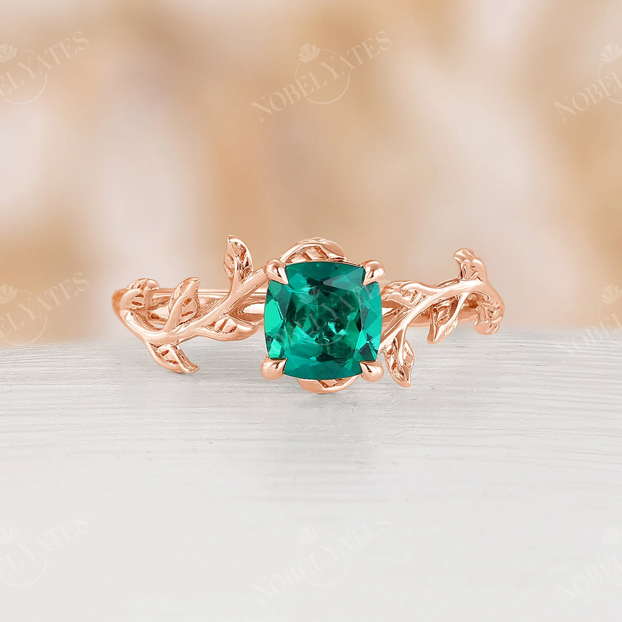 Nature Inspired Cushion Lab Emerald Branch Leaf Engagement Ring Rose Gold