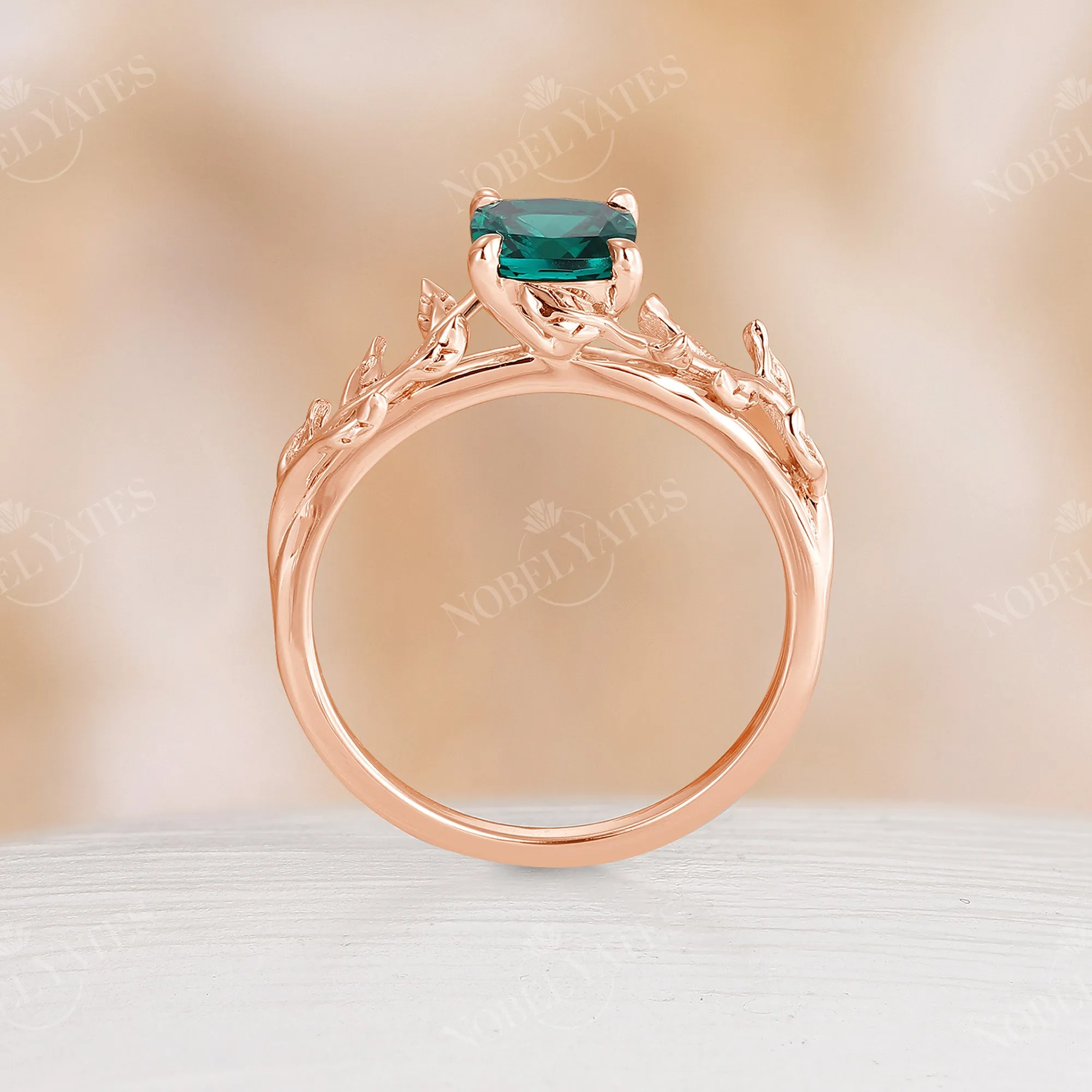 Nature Inspired Cushion Lab Emerald Branch Leaf Engagement Ring Rose Gold