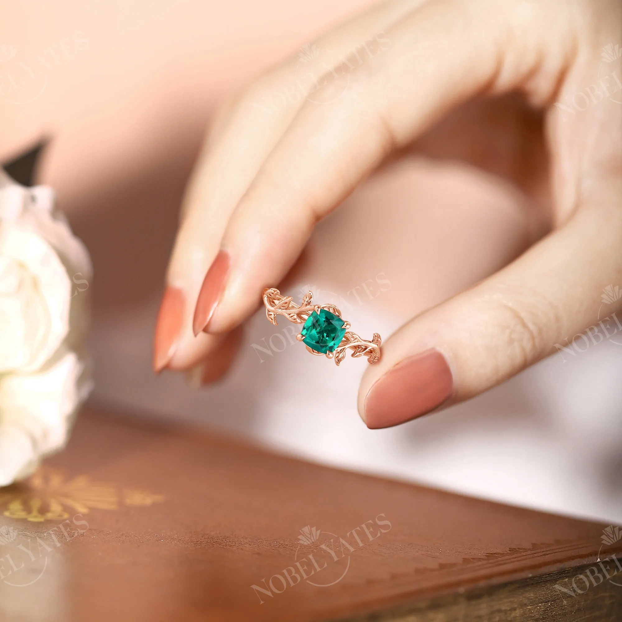 Nature Inspired Cushion Lab Emerald Branch Leaf Engagement Ring Rose Gold