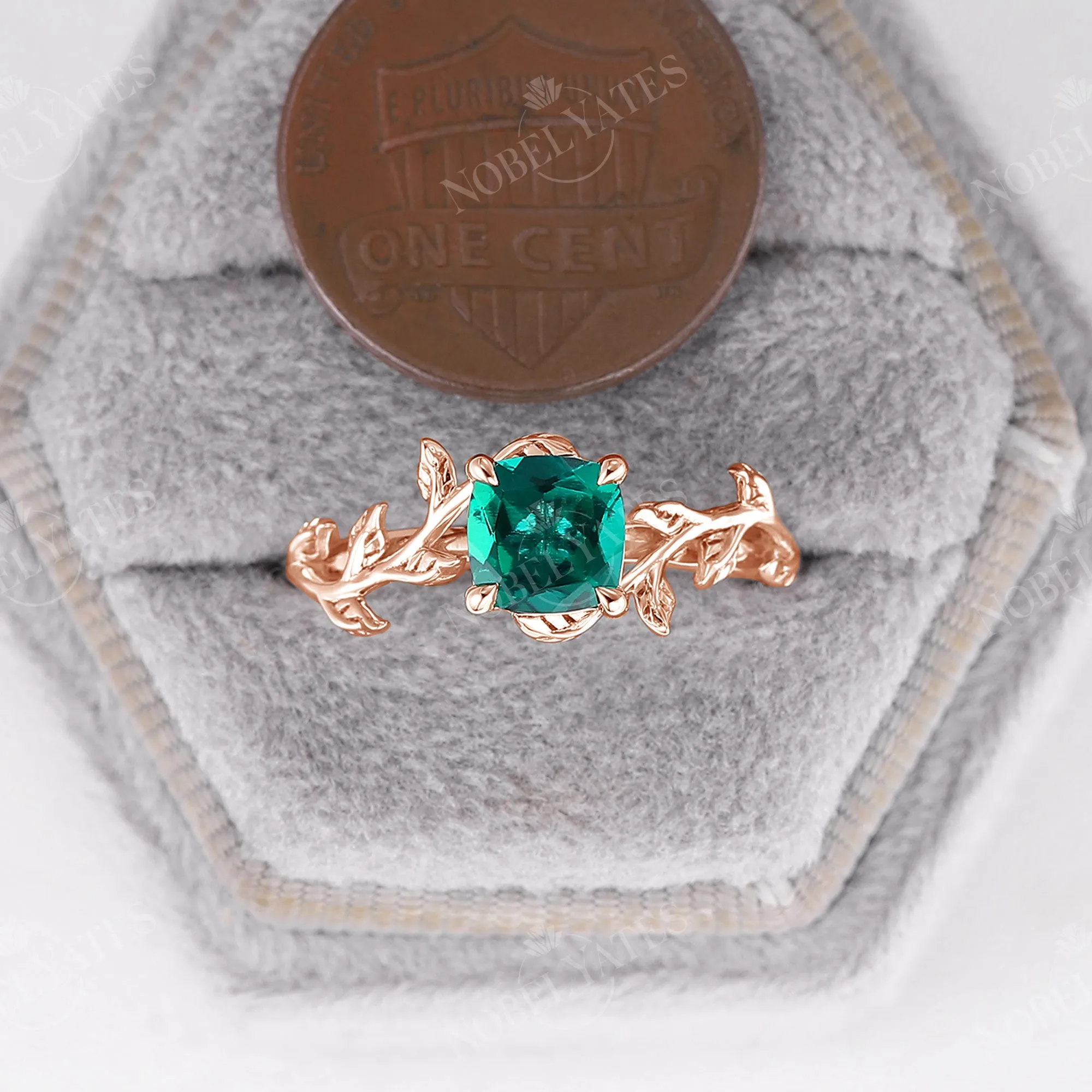 Nature Inspired Cushion Lab Emerald Branch Leaf Engagement Ring Rose Gold