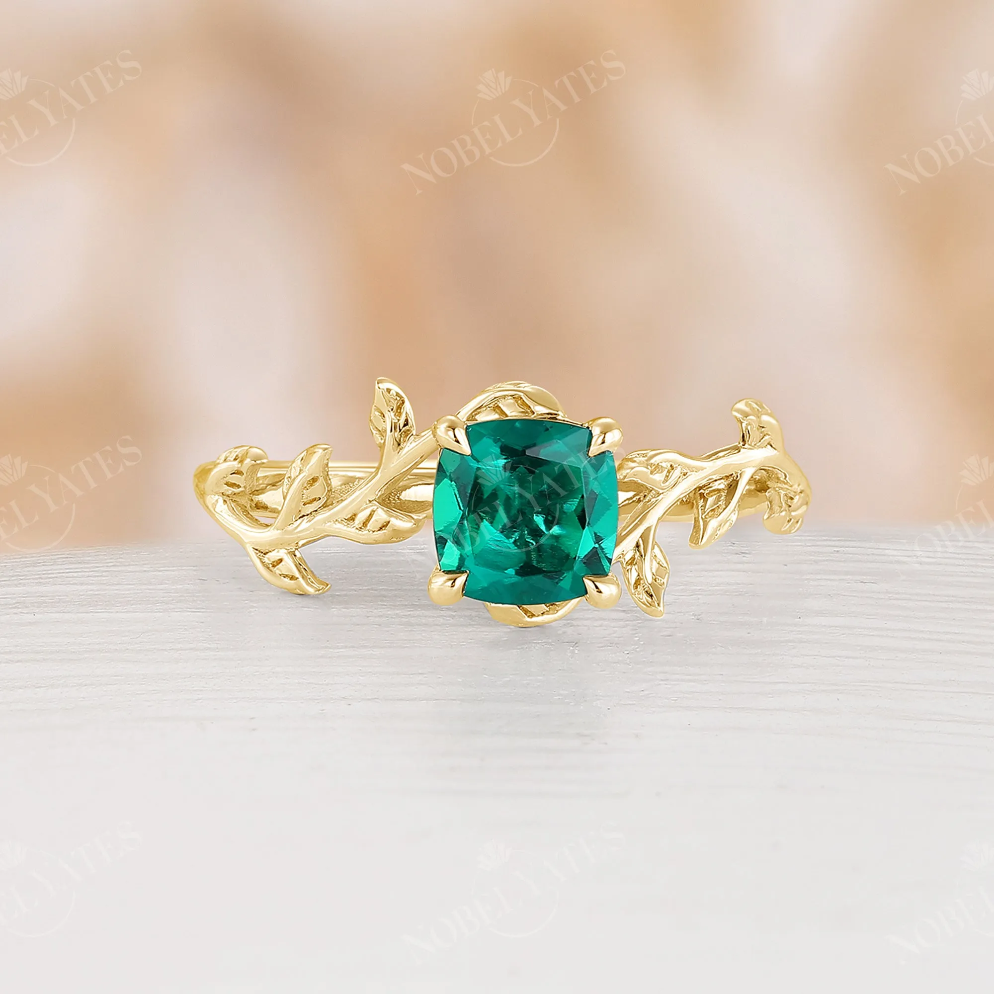 Nature Inspired Cushion Lab Emerald Branch Leaf Engagement Ring Rose Gold