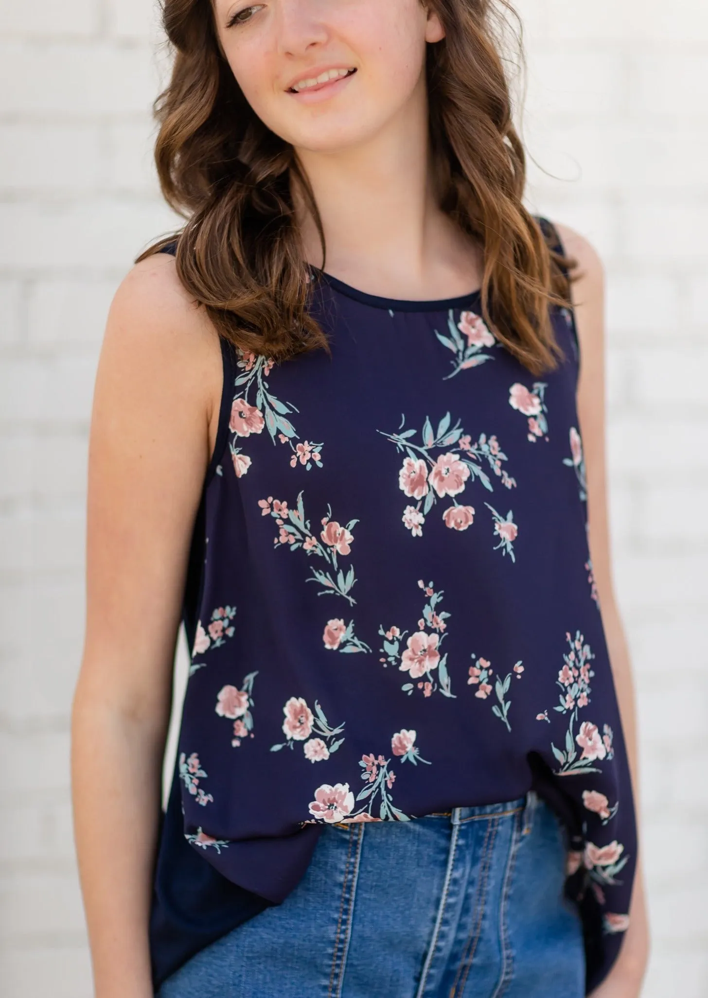 Navy Sleeveless Floral Tank Top