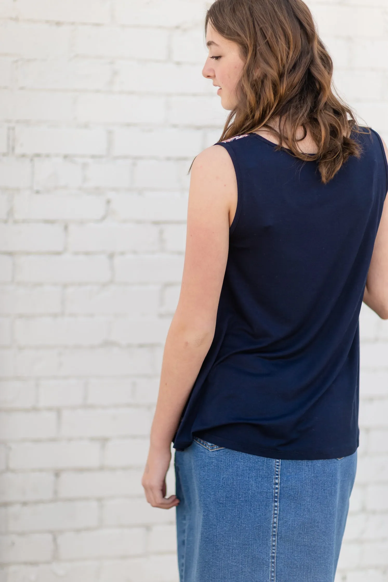 Navy Sleeveless Floral Tank Top