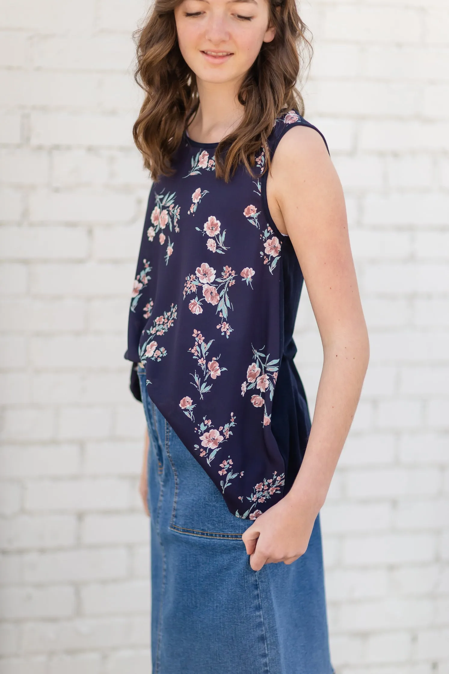 Navy Sleeveless Floral Tank Top