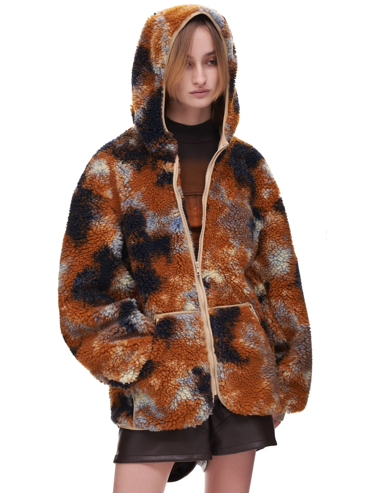 Oversized Zip up Fleece Hoodie (R13WR070-R104A-RUST-CAMO)