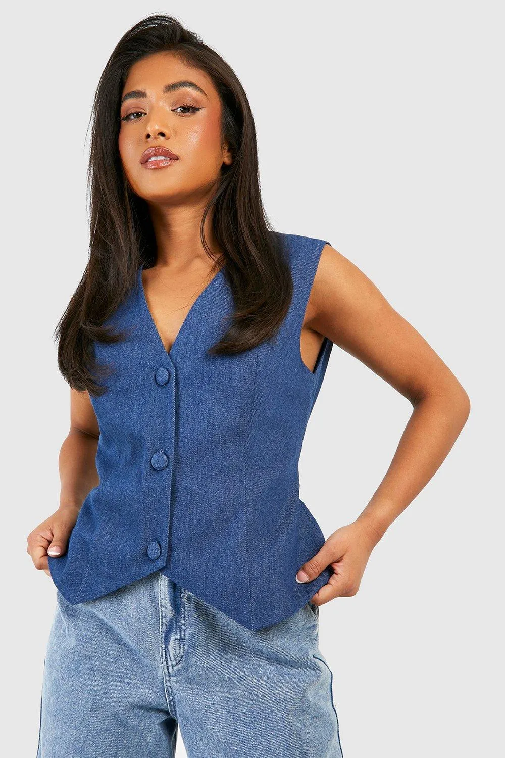 Petite Mid Wash Denim Vest