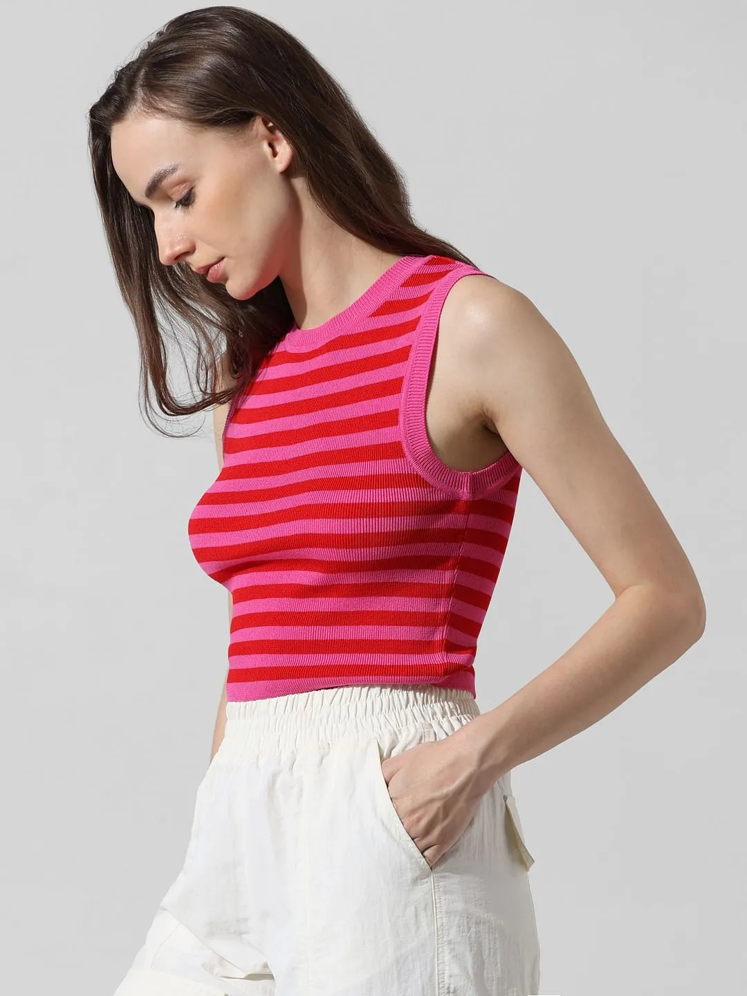 Pink Striped Cropped Vest Top