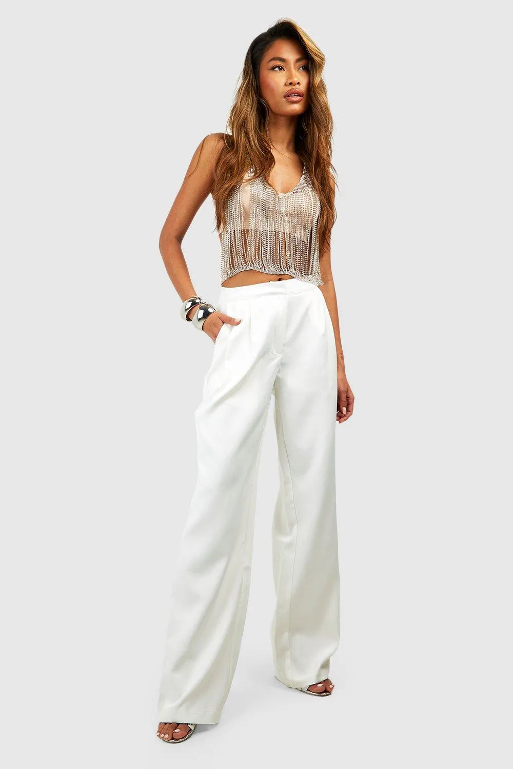 Pleat Front Tailored Wide Leg Pants