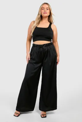 Plus Satin Drawstring Waistband Wide Leg Pants