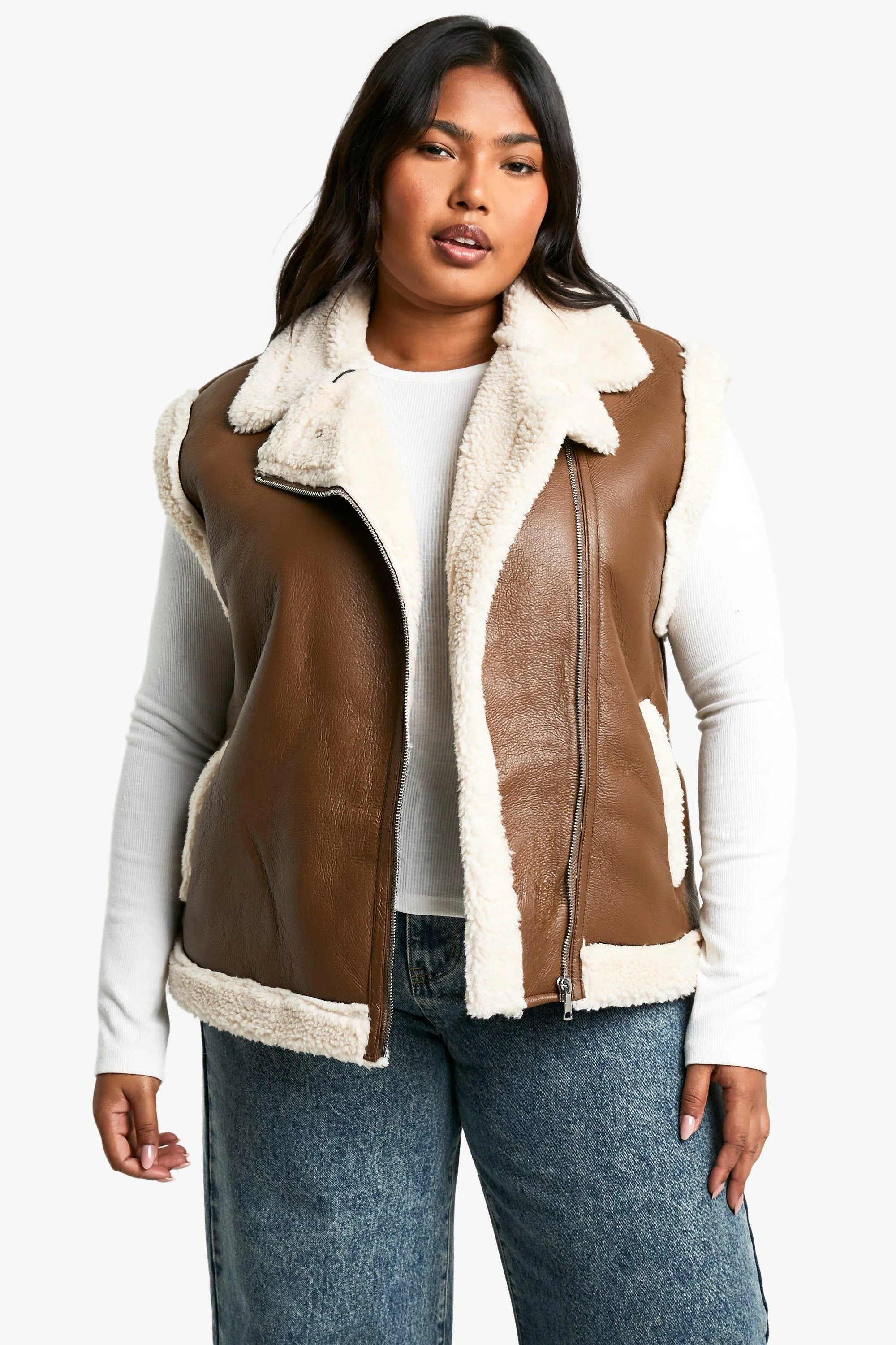 Plus Teddy Trim Faux Leather Vest