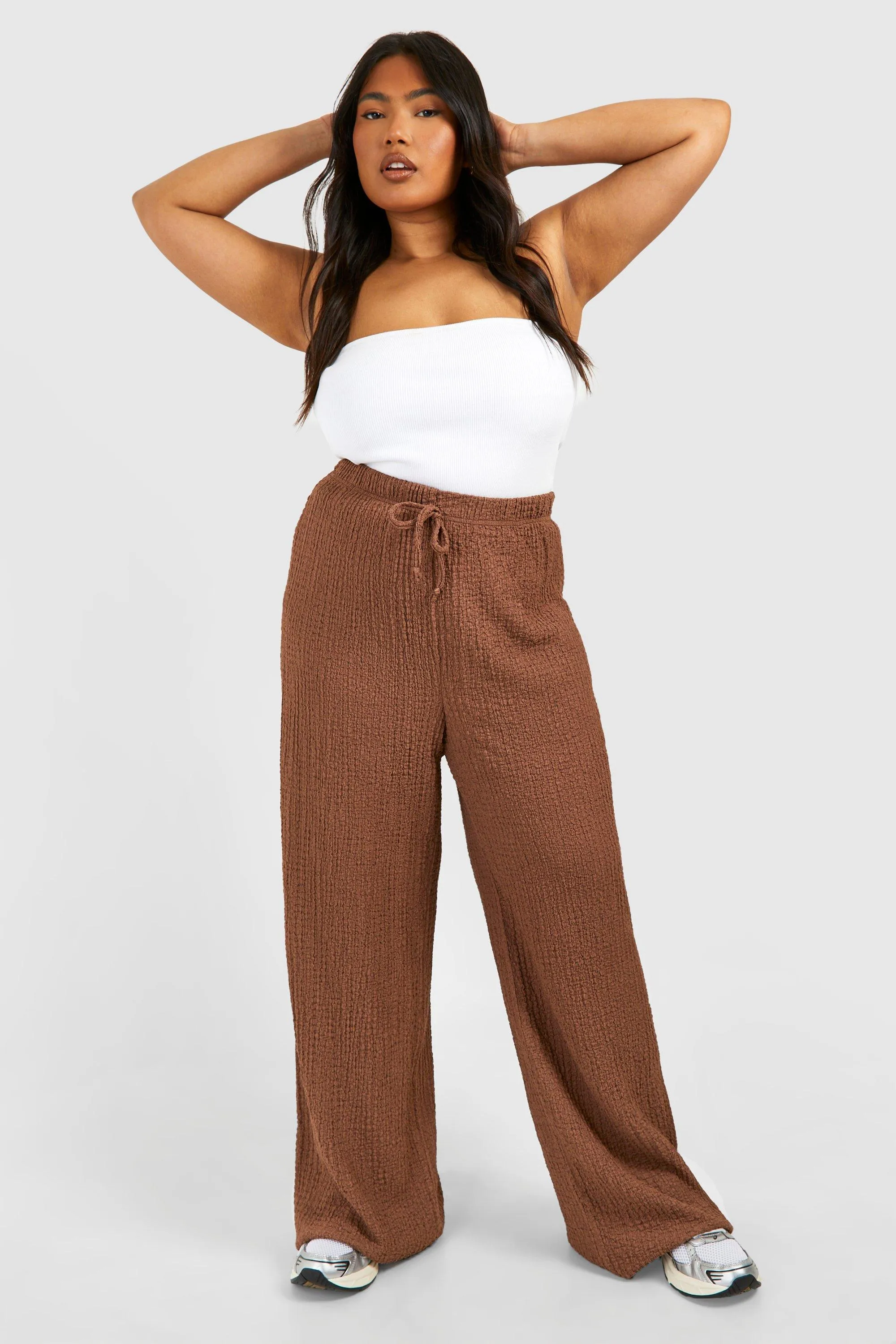 Plus Textured Drawstring Wide Leg Pants