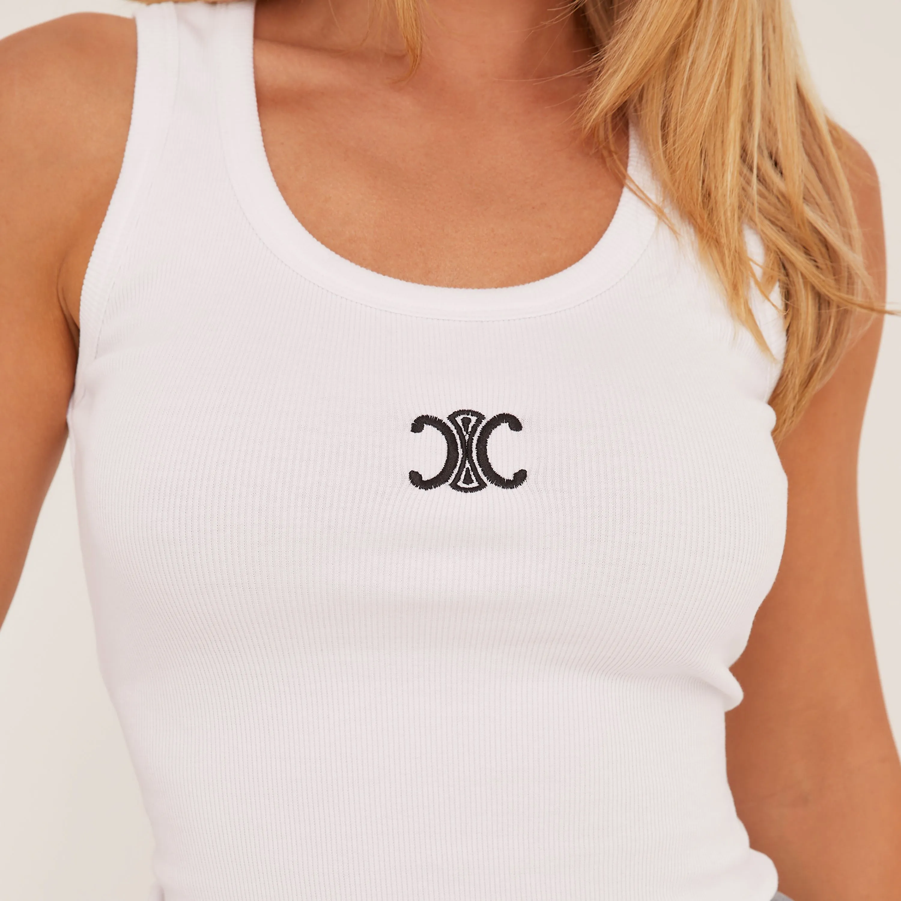 Scoop Neck Logo Vest Top In White Rib